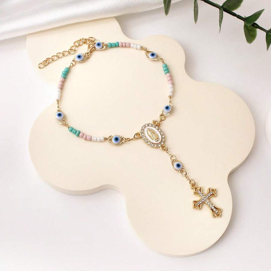 Handmade Beaded Bracelet With Diamond Eye And Cross Design, Maria Rosary Bracelet For Women - A - View 1