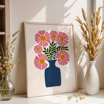 1幅帆布画和墙面艺术海报，无框2D平面粉色雏菊花瓶海报，卧室和客厅装饰帆布画