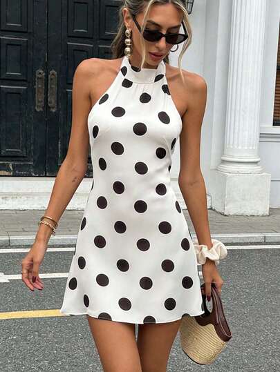 女士优雅波点印花吊带露背迷你连衣裙 - 性感白色夏季度假派对连衣裙，Y2K复古风格