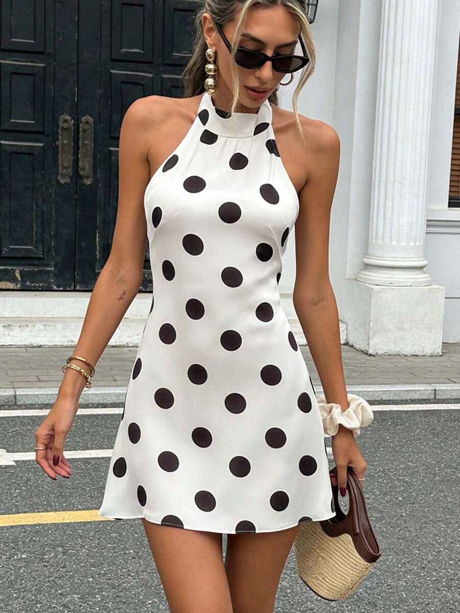 女士优雅波点印花吊带露背迷你连衣裙 - 性感白色夏季度假派对连衣裙，Y2K复古风格 - 黑與白 - 查看 1
