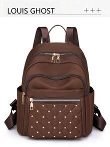 Luxuriöser gesteppter bestickter Nieten-Rucksack, in mehreren Farben erhältlich! Perfekt für den Arbeitsweg, Reisen und Einkaufen. Die Vorderseite zeigt ein gestepptes besticktes Muster, akzentuiert mit Metallnieten, was einen eleganten und kantigen Stil maximiert. Mehrere Taschen zum Verstauen von Handy, Schlüsseln, Wasserflasche, Tablet - Verschiedenfarbig - Übersicht 13