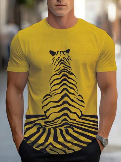 Men's 3D Tiger Stripe T-Shirt - Full-Body Black & Yellow -Like Tiger Print, Short Sleeve Round Neck Casual Summer & Year-Round Wear, Animal Pattern Tee For Parties, Holidays, Everyday Outfits (Machine Washable) Men's Basic T-Shirt With 3D Logo Design, Comfortable Fit, Easy To Pair And Long-Lasting.