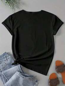 Women's Soft Summer Sets, Kentucky State Line And Letter K Print T-Shirt In Black, White, And Blue, 35% Cotton, Stretchy And Comfortable Fit, Lightweight T-Shirt - 黑色 - 查看 3