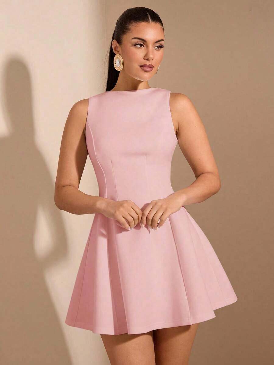 Vestido elegante de unicolor sin mangas con dobladillo con volantes y cintura elástica para citas en otoño para mujer - Rosa vieja - Ver 1
