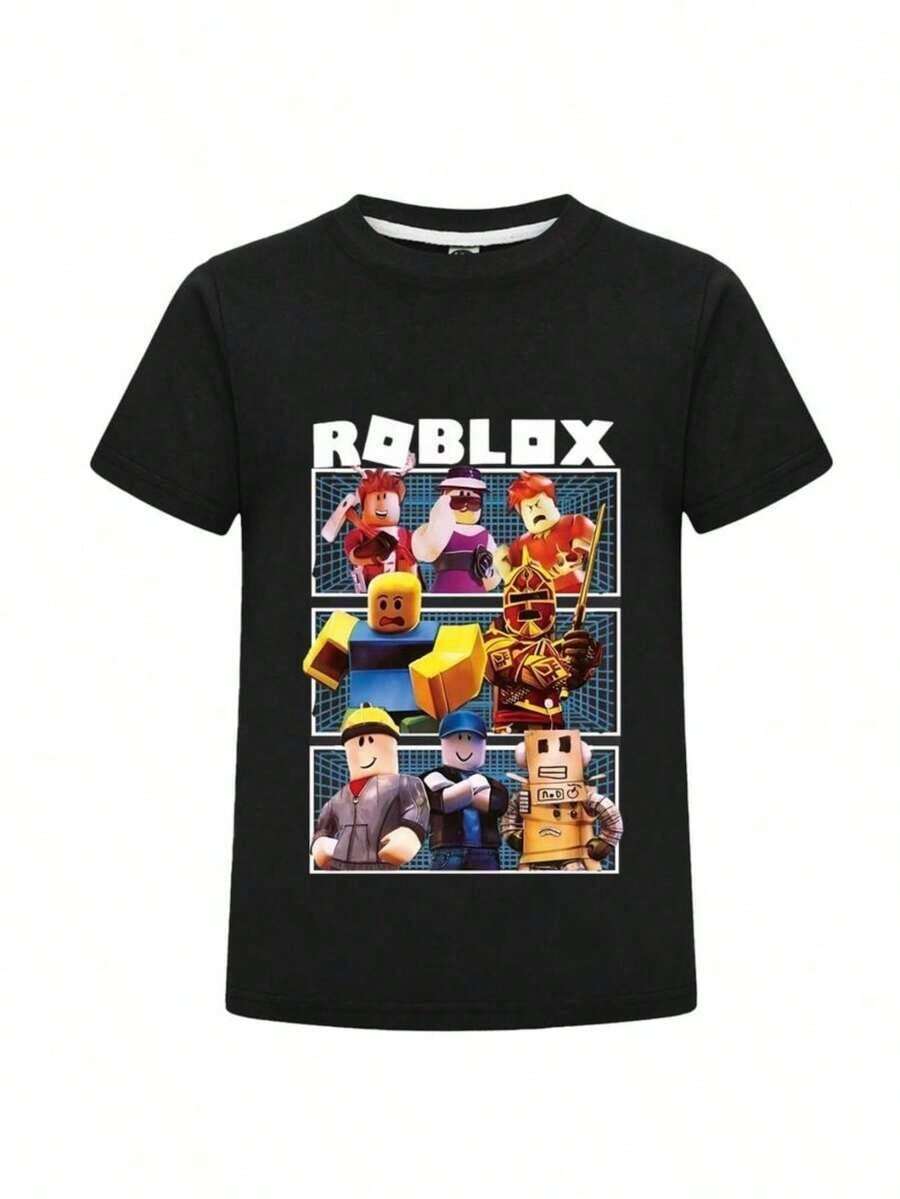 Theme T-Shirt For Kids With Favorite Characters Black Short Sleeve T-Shirt Perfect For Gaming And Casual Wear - 黑色 - 查看 1