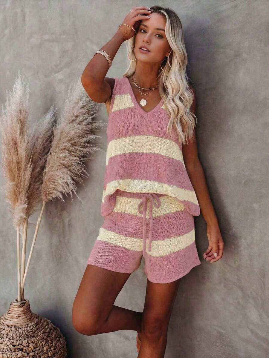 Conjunto de punto de chaleco y pantalones cortos a rayas de contraste de cuello en V, estilo elegante y relajado, adecuado para el uso diario, vacaciones, salidas a la playa en verano - Rosa - Ver 1