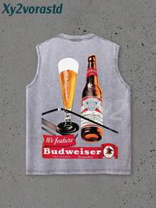 "King Of Beer"Y2K Style Streetwear Men's Tank Top (220g Pure Cotton), Hip-Hop Cyberpunk Style Sleeveless Double-Side Printed Graphic T Shirts, Vintage Pattern Fun Print, Hip-Hop Style, Men's Summer Round Neck Short-Sleeved Casual T-Shirt For The Beach, Summer Streetwear. Holiday Gift. - 灰色 - 查看 3