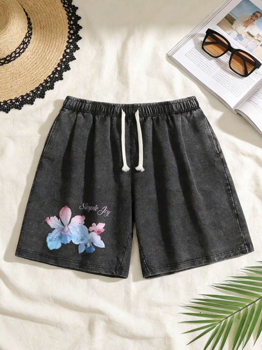 Unisex Floral Print Washed Denim Bermuda Shorts Loose Fit Casual Summer - 黑色 - 查看 1
