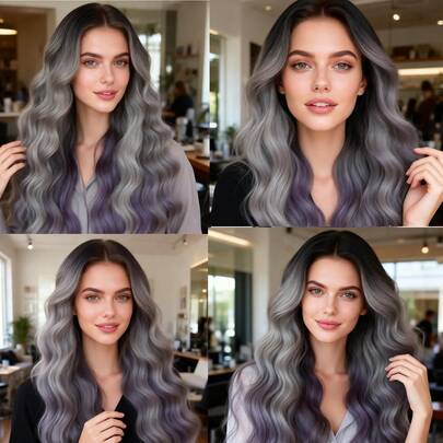 ZigZag Hair 24-Inch Long Ombre Black To Dark Gray To Purple Synthetic Lace Front Wavy Wig - Pre-Plucked Natural Hairline, Heatproof Fiber, Suitable For Daily Wear, Holidays And Cosplay