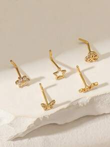 5件套镶钻铜合金时尚闪亮心形、十字架、花朵、7字形不锈钢鼻环，适合女性日常佩戴，生日礼物，圣诞节，情人节礼物 - 金黃色 - 查看 4