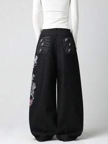 1pc American Street Style Women's Embroidered Loose Wide Leg Jeans Fashion All Season Long Pants Casual Black Fall - Black - View 7