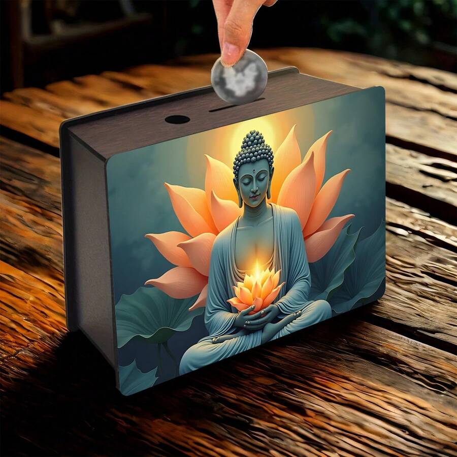 Cofrinho de madeira em formato de porco, com Buda de Lótus, pré-montado e reutilizável, decoração artesanal em madeira, ideal para casa, sala de estar/escritório, presente de casamento/Natal, essencial para guardar moedas, cofrinho retangular 2D, presente para homens. - Multicolorido - Ver 1
