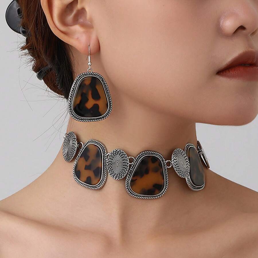 Fashionable Tortoiseshell Pattern Jewelry Set - Asymmetrical Shaped Earrings And Matching Necklace, Suitable For Party And Daily Wear