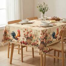 Vintage Rooster Rural Theme Tablecloth, Farmhouse Style Chicken & Flower Basket Pattern Round/Rectangular Tablecloth, Rustic Country Kitchen Dining Table Decor, Suitable For Indoor Outdoor Garden Party Autumn Thanksgiving Decoration - A - View 3