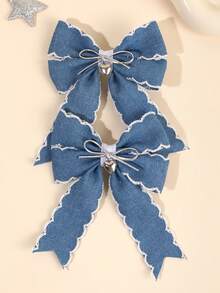 2 pezzi Fermagli per capelli in denim con frange carini per ragazze, fermagli per capelli fatti a mano con fiocco e decorazione a cuore, accessori per capelli alla moda in argento dolce per uso quotidiano, feste di compleanno - Multicolore - Visualizzare 2