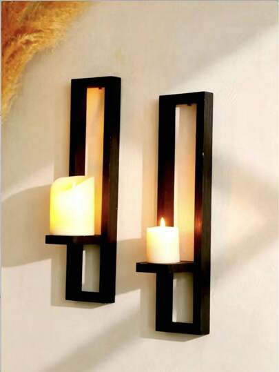 1pc/2pcs Vintage Farmhouse Style Wooden Wall Mounted Shelves, Black Minimalist Geometric Design, Suitable For Indoor Living Room Wall, Window, Fireplace, Outdoor Garden Wall (Candles Not Included)