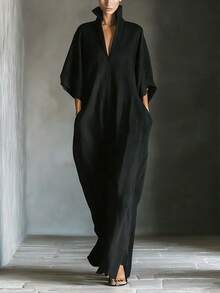 2026 European And American Spring/Summer New Fashion Women's Mid-Sleeve V-Neck Pullover Loose Long Dress - 藏青色 - 查看 2