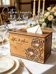1pc Personalized Customized Wedding Card Box, Wedding Wooden Card Box, Personalized Wedding Envelope Box, Customized Wedding Mailbox, Wedding Card Gift Box With Delivery Hole, The Required Material Width Is 3 Millimeters. - Black - View 2