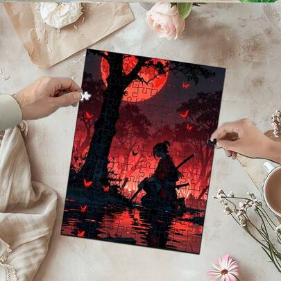 1 Box Red Moon Samurai Puzzle, 30x40 Cm/11.81x15.75 Inches, Large Adult Energetic Jigsaw Puzzle DIY, Suitable For Home Decor, Vibrant Colors, Large Family Intellectual Game, High-Quality Paper, Sturdy Material, DIY Enthusiasts Art Decoration, Holiday Gift Anime Peripheral, Unframed