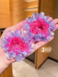 2/4个装女孩飘逸网纱花朵发圈，透明薄纱发绳，粉色、紫色、蓝色花朵图案，是女孩派对、婚礼、生日的理想礼物 - 彩色 - 查看 7