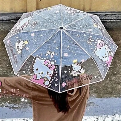 SANRIO 1pc Cute Cartoon Foldable Transparent Umbrella, Trifolding Design Fashionable Cartoon Umbrella, Kuromi, KT Cat, Suitable For Outings, Business Trips, Travel, Home Use