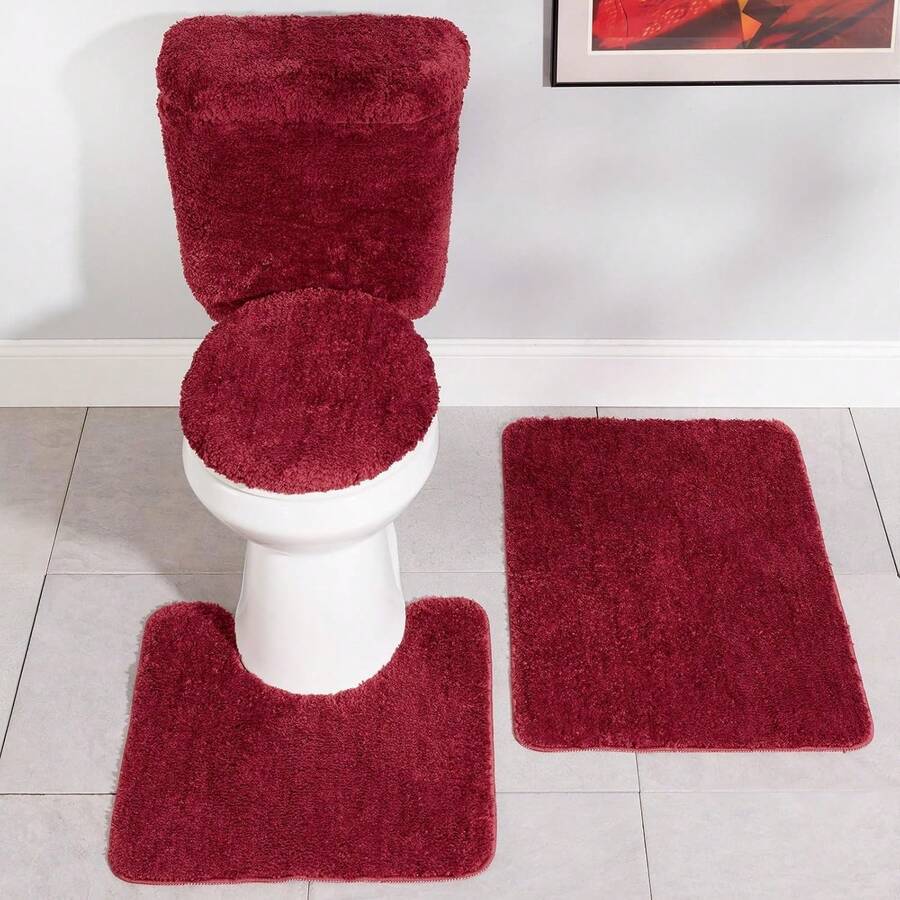 EOC6 Stoneberry Home Plush 5-Piece Bath Rug Set, Soft, Non-Slip Bathroom Rugs, Absorbent And Quick-Drying Bath, Lid Cover, & Covers, Plum - Burgundy - 查看 1