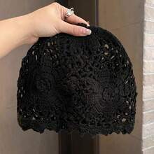 Sombrero turbante de mujer hecho a mano con malla tejida hueca y flor, sombrero delgado y elegante vintage, transpirable, sombrero de punto hecho a mano, gorro de punto, para playa y viaje - Sombrero tejido - Ver 9