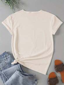 Women's Soft Summer Sets, Kentucky State Line And Letter K Print T-Shirt In Black, White, And Blue, 35% Cotton, Stretchy And Comfortable Fit, Lightweight T-Shirt - 杏色 - 查看 3