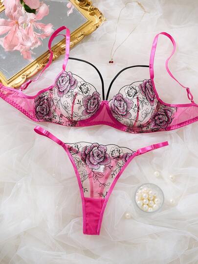 1 Set Of 2 Pieces Hot Pink Floral Rose Embroidery Sheer Lingerie Set With Bra & Panty