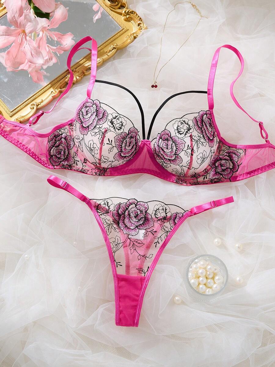 1 Set Of 2 Pieces Hot Pink Floral Rose Embroidery Sheer Lingerie Set With Bra & Panty - Hot Pink - View 1