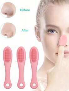 1/3 Piezas Cepillo de limpieza facial de silicona, cepillo de limpieza suave para dedos para la nariz y los poros, herramienta exfoliante para eliminar puntos negros, removedor portátil de residuos de maquillaje para base, lápiz labial y polvo suelto, esenciales para viajes y dormitorios para estudiantes - Rosa - Ver 1