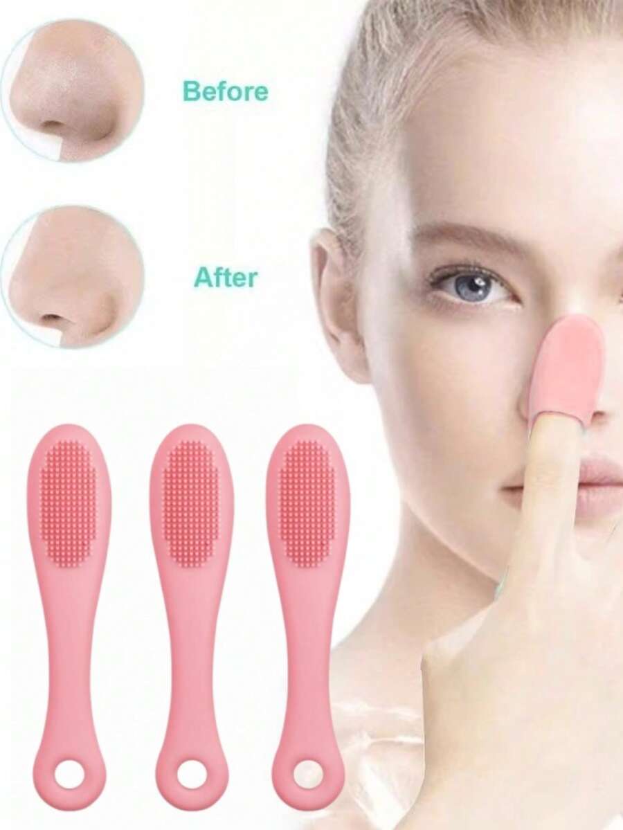 1/3 Piezas Cepillo de limpieza facial de silicona, cepillo de limpieza suave para dedos para la nariz y los poros, herramienta exfoliante para eliminar puntos negros, removedor portátil de residuos de maquillaje para base, lápiz labial y polvo suelto, esenciales para viajes y dormitorios para estudiantes - Rosa - Ver 1