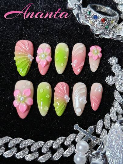 10片手工杏仁形美甲贴纸，高端工艺，3D立体花朵装饰，撞色渐变，可爱优雅，珠光效果，充满夏日海滩风情，3D纹理，珍珠点缀，纯手工制作，适合女孩和女性