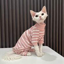 Bộ đồ liền thân sọc hồng trắng, cổ cao, thiết kế giữ ấm, quần áo thú cưng mùa xuân/hè dành riêng cho mèo Sphynx, bảo vệ bụng, che phủ toàn thân. - Hồng - Xem 5