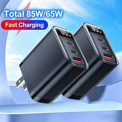 1个85W/65W/45W/30W氮化镓充电器，2个Type-C接口+1个USB Type-C接口，支持QC4.0快充，兼容 17 Pro Max/17 Pro/17/Air/16/15/14/13/12/11/XS/XR/8/7/6、S25/S24/S23/S22/S21 Ultra Plus等机型，支持快充。