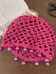 1pc Women's Y2K Cute Casual Style Fashionable Handmade Crochet Hollow Faux Pearl Decor Breathable Knit Hat, Suitable For Outing, Photography, Daily Wear, Bucket Hat - 白色 - 查看 10