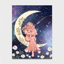1幅以治愈系浪漫母爱为主题的装饰艺术画：艺术海报，描绘了星空、新月、野花和一位抱着宝宝的母亲——波西米亚风格。非常适合儿童房、婴儿房、客厅和卧室的墙面装饰。无框。 - 抽象 - 查看 13