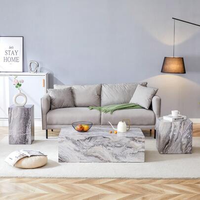 Rectangular Grey Coffee Table With A Marbled Effect. 90 * 50 * 30 Cm, Made Of MDF, Delivered Assembled. Suitable For Modern And Luxurious Interiors, In Scandinavian And Northern European Styles.