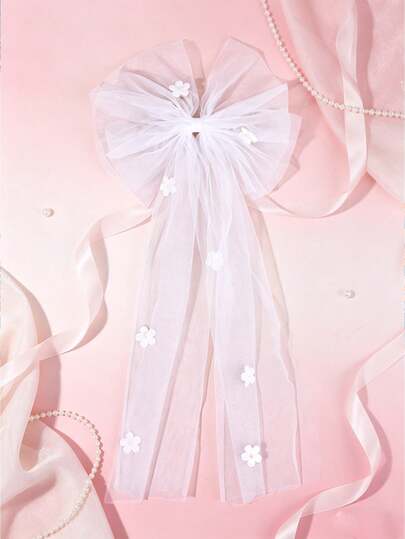 1pc White Mesh Bow Hair Clip With Flower & Faux Pearl Decor, Elegant Bridal Hair Accessory For Flower Girl, Bridesmaid, Spring/Summer Wedding Theme Party Gift. Follow Our Store To Get 20% Off On Your Next Order.