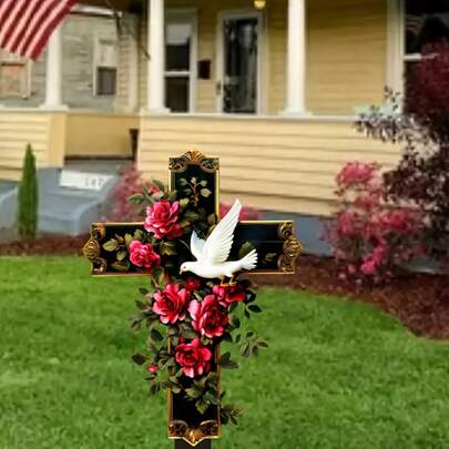 Thập tự giá trang trí nghệ thuật phẳng 2D, thập tự giá tưởng niệm với hình chim bồ câu và họa tiết hoa, đồ trang trí ngoài trời theo chủ đề nhà cửa, không cần pin, biển hiệu sân vườn lễ Phục Sinh, vật kỷ niệm tưởng nhớ thú cưng.