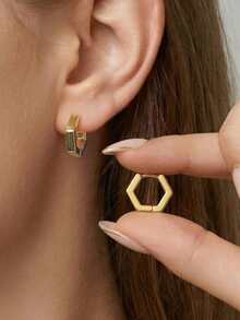 Stainless Steel Hypoallergenic Small Star Rectangle Heart Triangle Rhombus Square Horseshoe U Shape Huggie Earrings For Women Minimalist Lightweight Chunky Hoop Earrings Hexagonal Square Unisex Fashion Jewelry For Men Women Students Couples, Silver, And Black, Gold Color - Multicolor - View 2