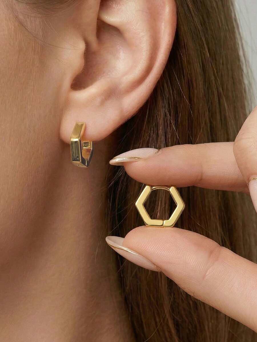 Stainless Steel Hypoallergenic Small Star Rectangle Heart Triangle Rhombus Square Horseshoe U Shape Huggie Earrings For Women Minimalist Lightweight Chunky Hoop Earrings Hexagonal Square Unisex Fashion Jewelry For Men Women Students Couples, Silver, And Black, Gold Color