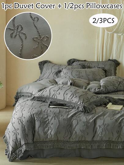 Bộ chăn ga gối 2/3 món kiểu Bohemian màu xám đậm, họa tiết nơ, chất liệu polyester, có tua rua, phong cách trang trại cổ điển, phù hợp cho mọi mùa, mềm mại và thoáng khí, cỡ Queen/King (1 vỏ chăn + 1/2 vỏ gối, không kèm ruột chăn)
