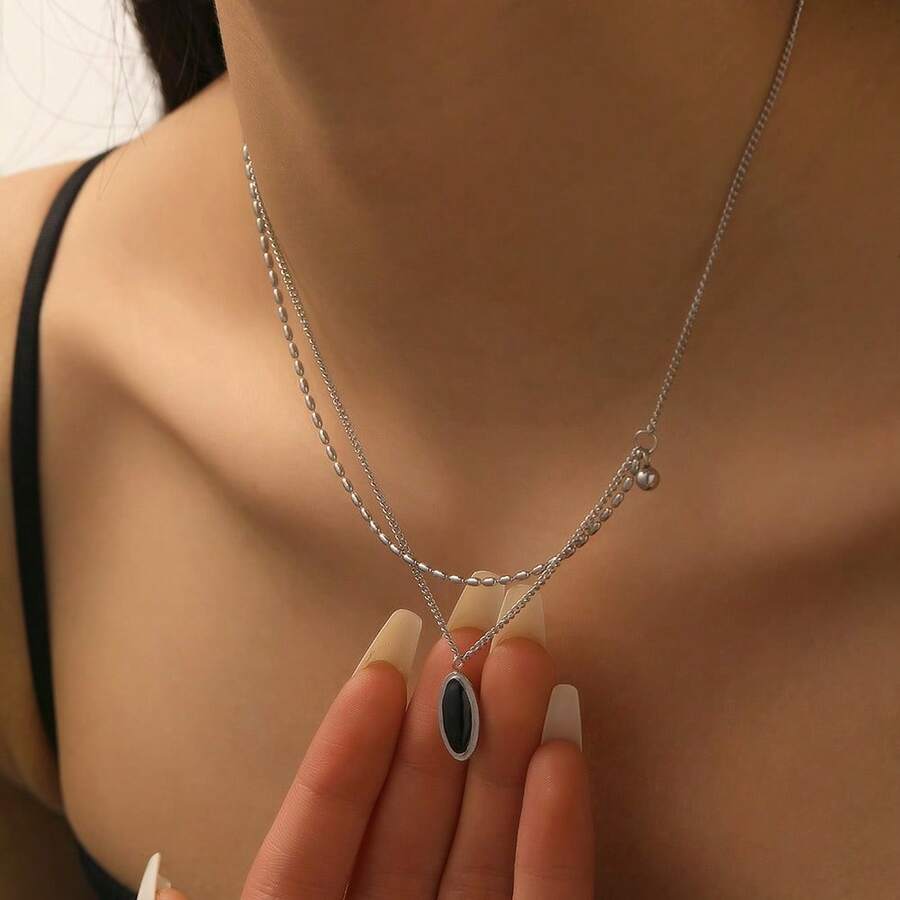 1pc Small And High-End Oval Black Mirror Necklace With Double Layered Collarbone Chain, Suitable For Women's Date Wear, Daily Commuting, Summer Charm, Women's Necklace, Stainless Steel Chain Jewelry, Women's Stainless Steel Jewelry, Women's Bracelet - Multicolor - View 1