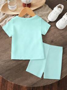 2pcs/Set Young Girl's Casual Cartoon Print Short Sleeve T-Shirt And Minimalist Print Shorts Set, Suitable For Summer Outings - Green - View 2