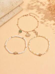 3pcs/Set Summer Beach Vacation Style Rice Bead Gold Anklet, Fashion Popular Coconut Tree Shell Marine Life Multi-Pendant Women's Foot Jewelry, Suitable For Daily Wear And Beach Vacation Travel, Rice Bead Color Is Random And Not Fixed - Multicolor - View 2