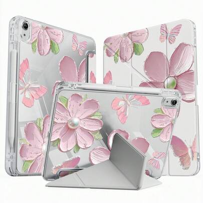 Ốp lưng hai mặt bằng acrylic trong suốt, hình bướm ngọc trai hoạt hình dễ thương, in hoa, chống sốc, phù hợp với iPad thế hệ thứ 7, 8 và 10 (10.2 inch), có khe cắm bút tích hợp, hỗ trợ chức năng ngủ/thức, là lựa chọn quà tặng lý tưởng.
