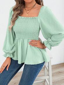 Áo kiểu nữ cổ vuông, chất liệu jacquard, viền bèo nhún, màu trơn thanh lịch, tay dài, chất liệu chiffon, thích hợp mặc hàng ngày trong kỳ nghỉ xuân. - Màu xanh Bạc hà - Xem 6