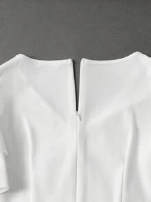 女士新娘礼服，V领荷叶边短袖设计，订婚派对礼服，侧开衩晚礼服，派对礼服 - 白色 - 查看 7