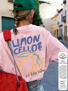 Summer New Lemon Print Short Sleeve Top, Italian "Limoncello" Style Lemon Graphic T-Shirt, Soft & Comfortable Loose Casual Fit Pink Vacation - Pink - View 6
